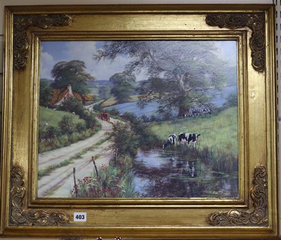 Ron Beaton (b. 1945), oil on board, river landscape with cattle watering and distant farm, signed, 40 x 50cm